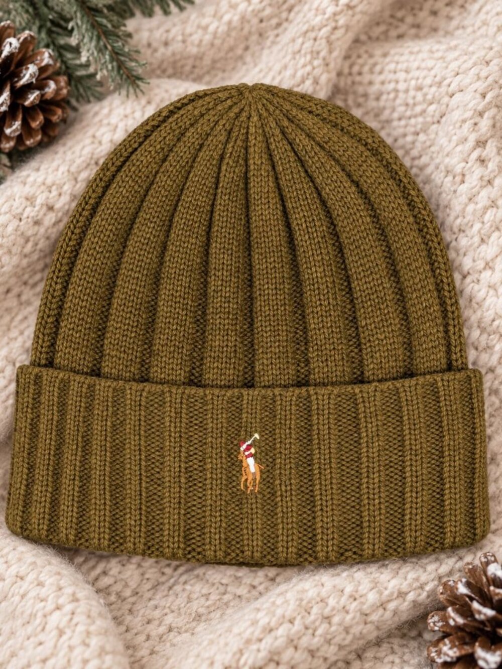 Polo Ralph Lauren Ribbed Knit Beanie Hat OLIVE GREEN w Pony Logo Winter Cap NWT